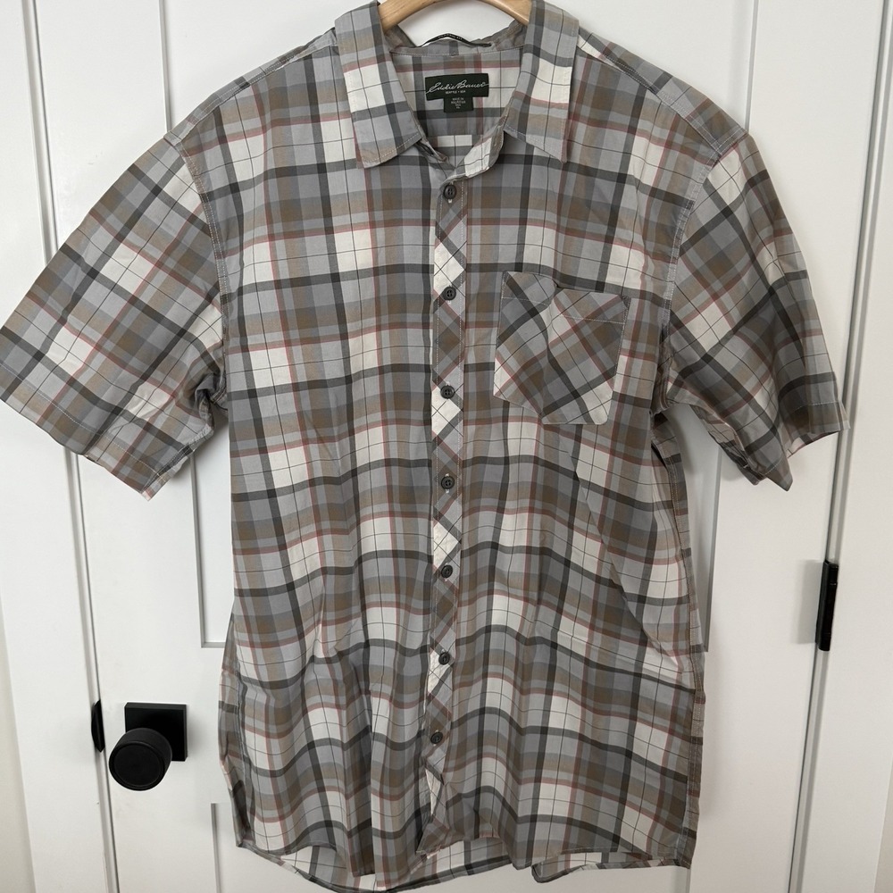 Eddie Bauer Men's Classic Fit XL TALL Grey/Brown‎ Plaid Short Sleeve Shirt